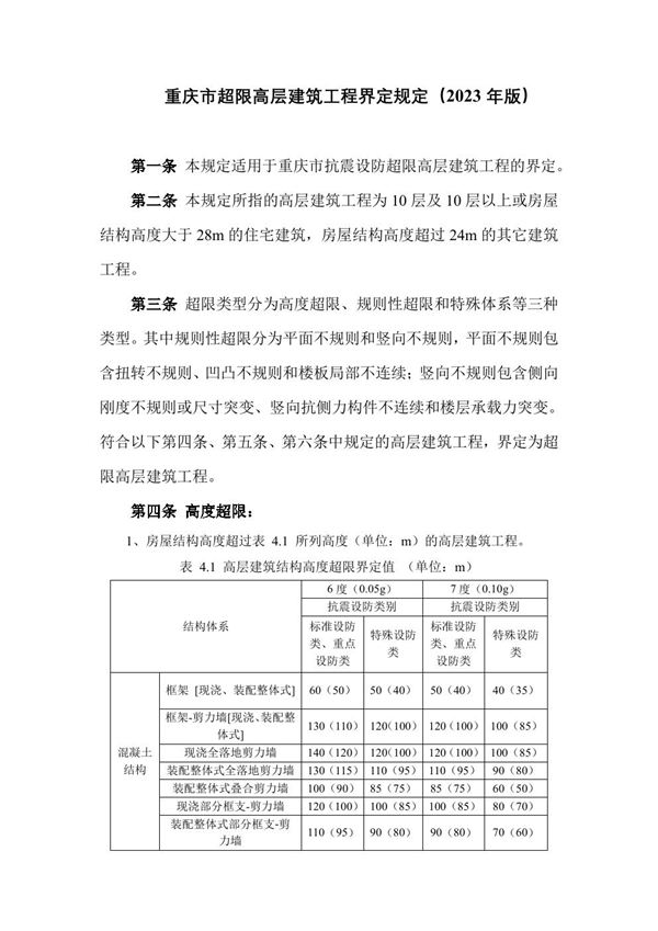重庆市超限高层建筑工程界定规定(2023年版)