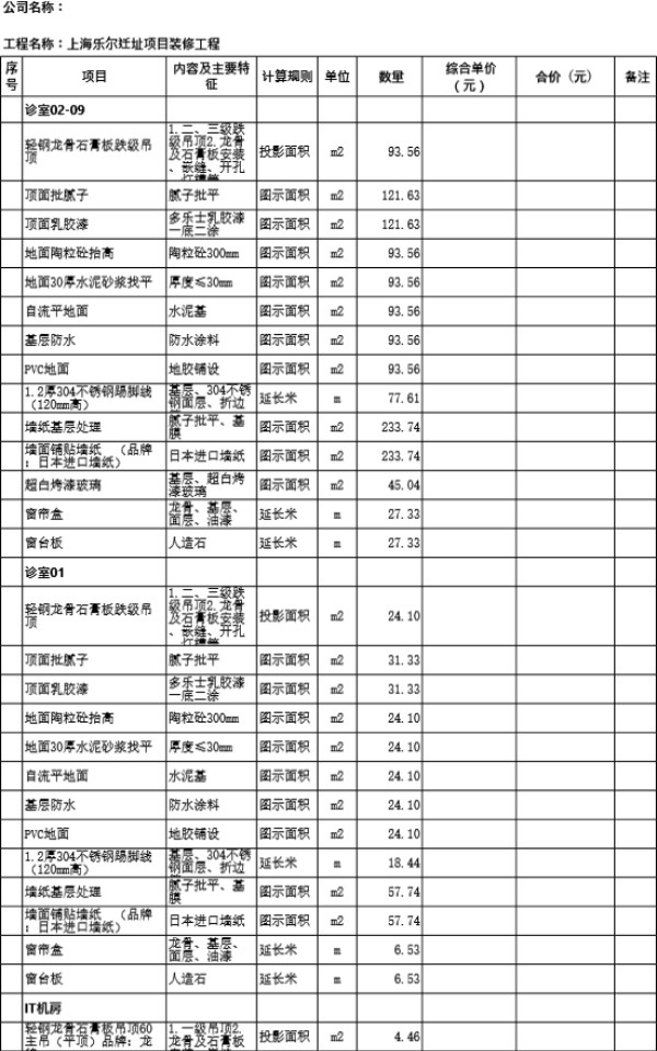 医院装修工程量清单