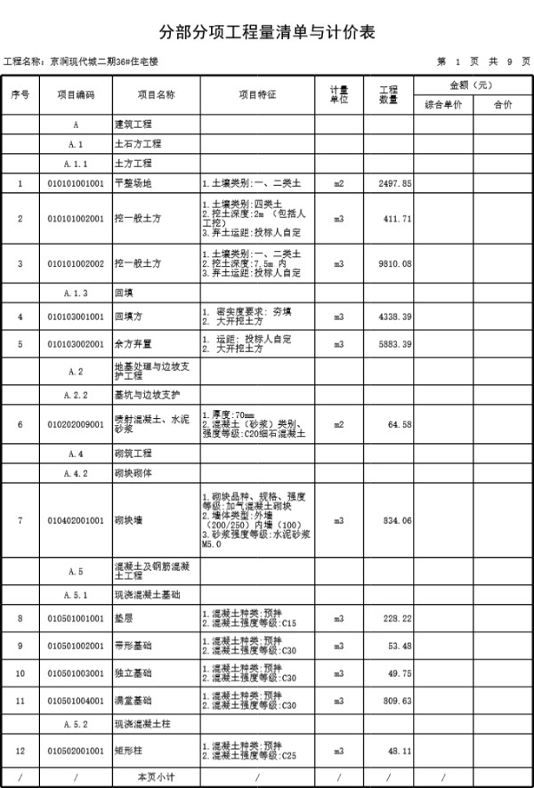 某住宅楼工程量清单