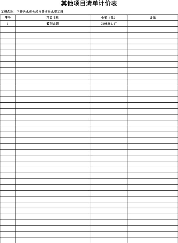 下普达水库大坝及导流放水渠工程工程量清单