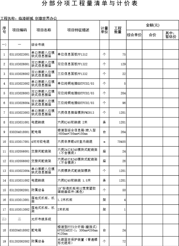 创意世界办公楼智能化工程量清单