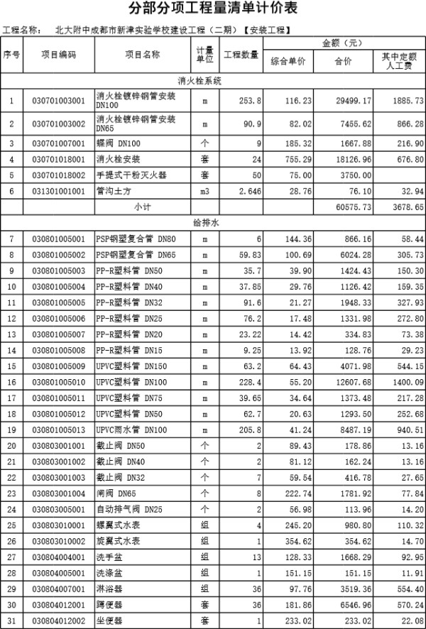 某学校工程量清单